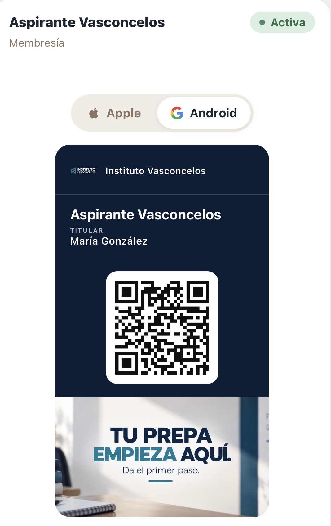 Pase de aspirante Vasconcelos en Google Wallet, con datos del titular, código QR y fotografía inferior