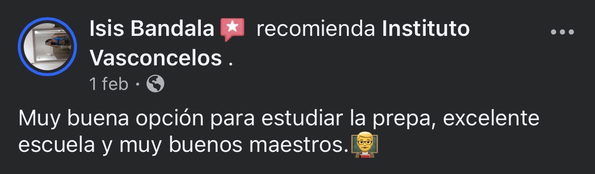 Facebook: Isis Bandala recomienda Instituto Vasconcelos. Muy buena opción para estudiar la prepa, excelente escuela y muy buenos maestros.
