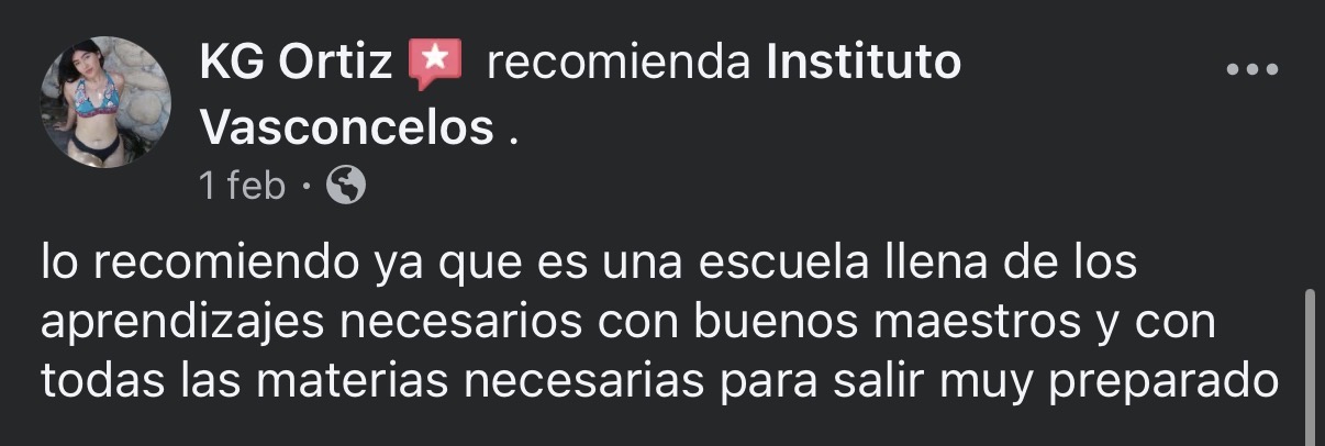 Facebook: KG Ortiz recomienda Instituto Vasconcelos. lo recomiendo ya que es una escuela llena de los aprendizajes necesarios con buenos maestros y con todas las materias necesarias para salir muy preparado